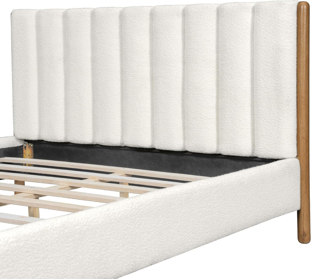 Peanu Queen Bed Frame, Boucle Upholstered Headboard, Solid Wood Legs, White