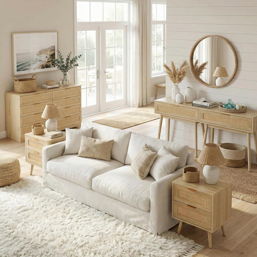 HOPUBUY Living Room Table Sets, Boho Large Drawer | Natural,Rattan TV Stand C...