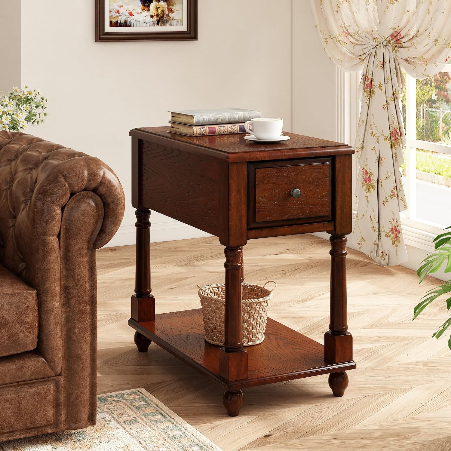 Set of 2 Narrow End Table with Drawer, 2-Tier Tables-Cherry Walnut | Skinny End Table with Storage Shelf, Small Nightstand, Tiny Sofa Side Table for Living Room, Wooden Nightstand for Bedroom