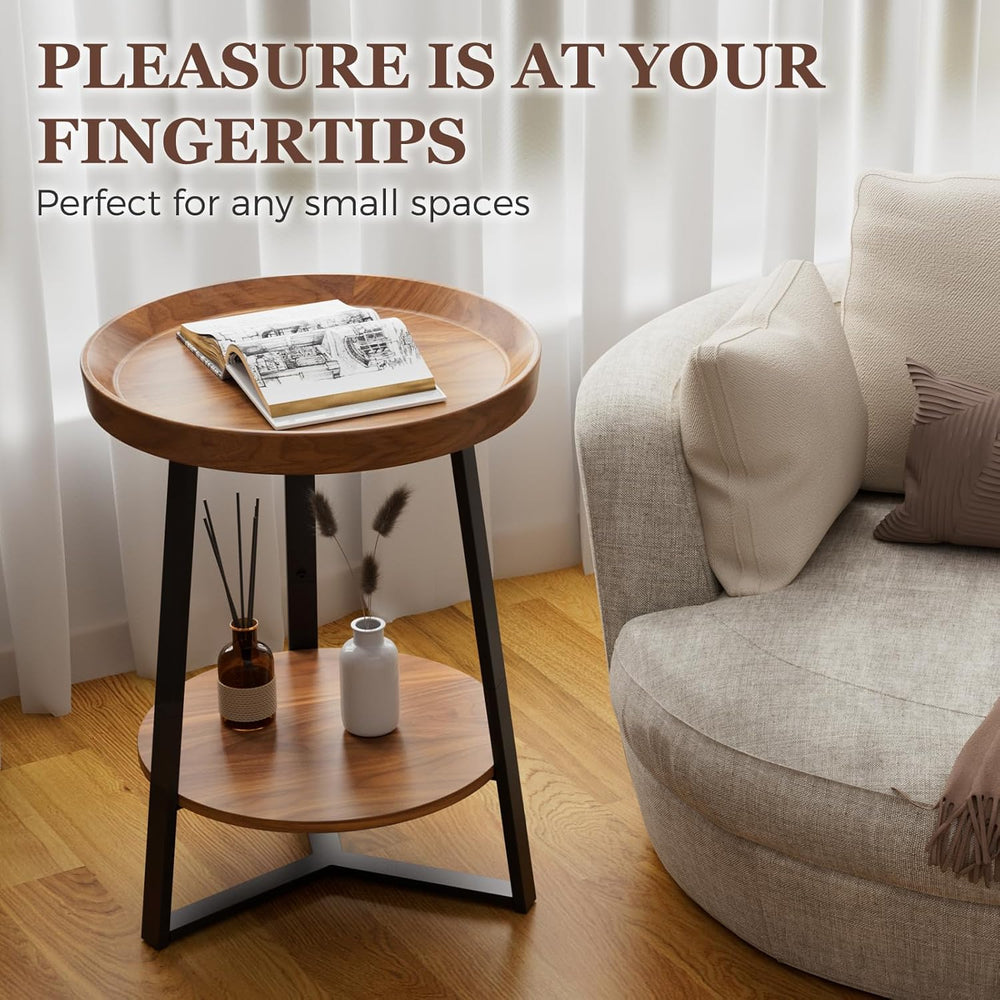Gadroad Round End Table with Charging Station, Wood Tabletop & Black Meta...