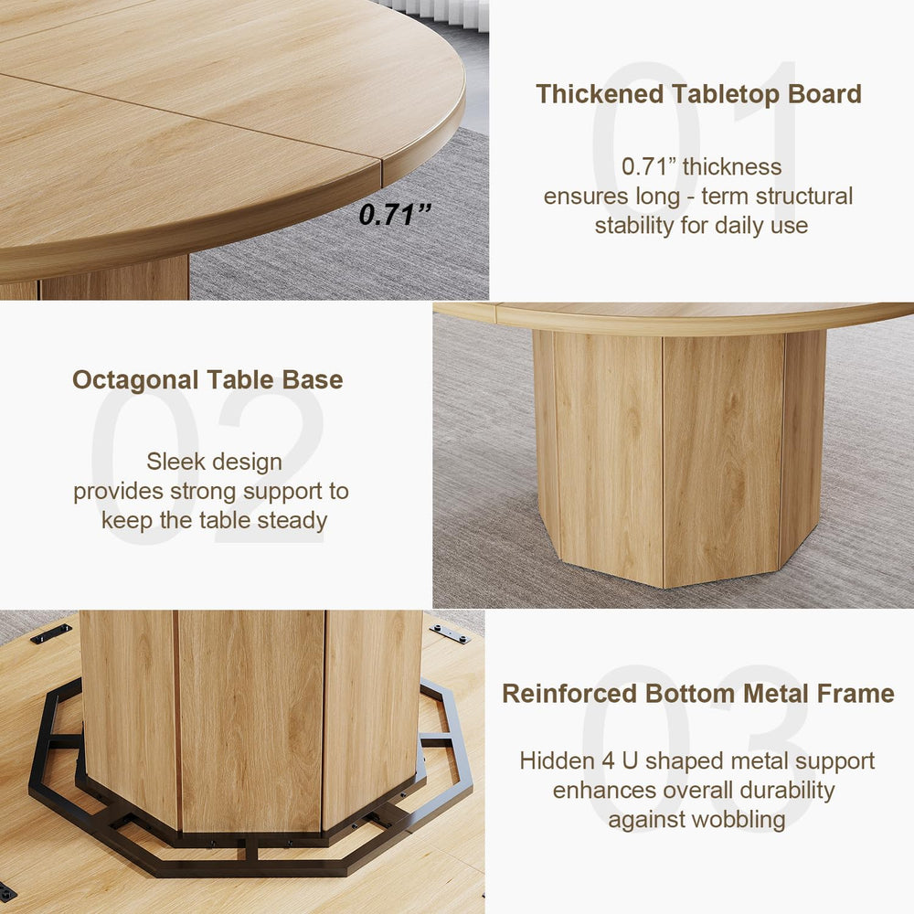 HSH 47” Round Dining Table for 4, Modern Farmhouse Wood Dinner Table with Oct...