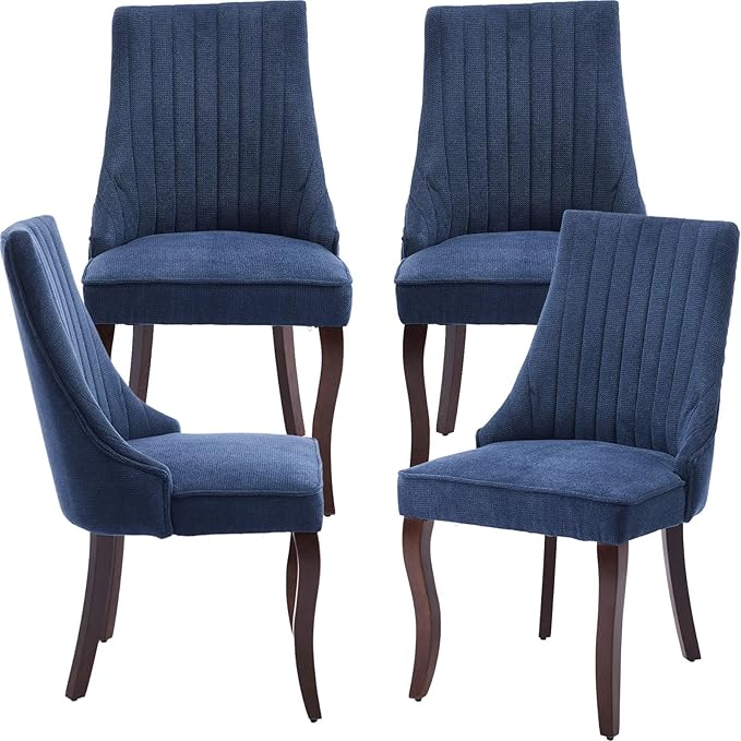 Modern Dining Chairs Set of 4, Mid Century Kitchen & Dining Room Chairs, Linen Upholstered Kitchen Chairs with Wood Legs, Sillas de Comedor, Easy Assembly, Blue, 4 Pieces