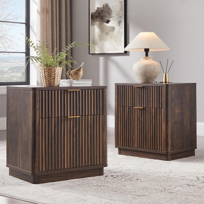 T4TREAM 23'' Fluted Nightstand Set of 2 with Charging Station, Dark Walnut