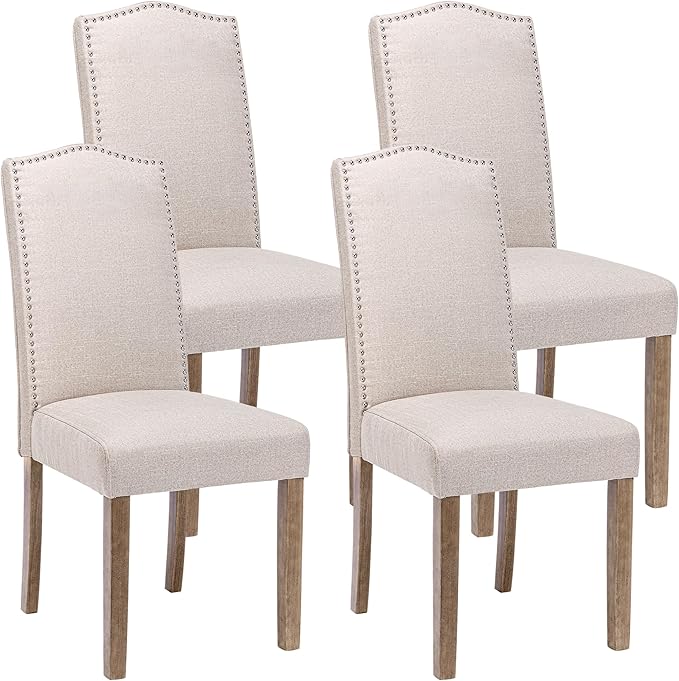 Upholstered Dining Chair Modern Stylish Parsons Kitchen Diner High Back with Silver Nailhead Trim & Wood Legs, Set of 4, Fabric Beige