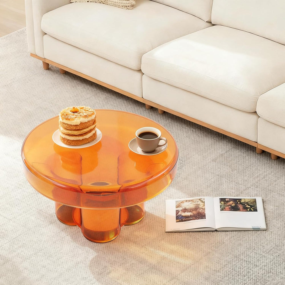 Coffee Table, Round Glass Side Table with Unique Petal Design Pedestal, Simpl...