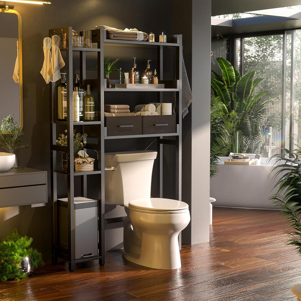 Over The Toilet Storage with 2 Drawers - 7 Tier Bathroom Organizer with Adjustable Shelf, Freestanding Space Saver Storage Rack Above Toilet Stand with 4 Hooks for Restroom, Laundry, Black