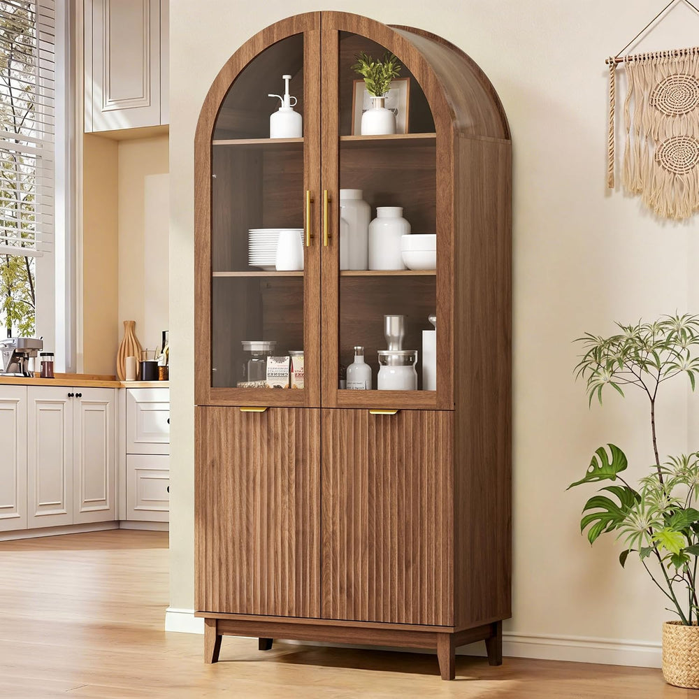 Pamapic 71" Tall Arched Cabinet, Fluted Kitchen Pantry with Glass Doors ...