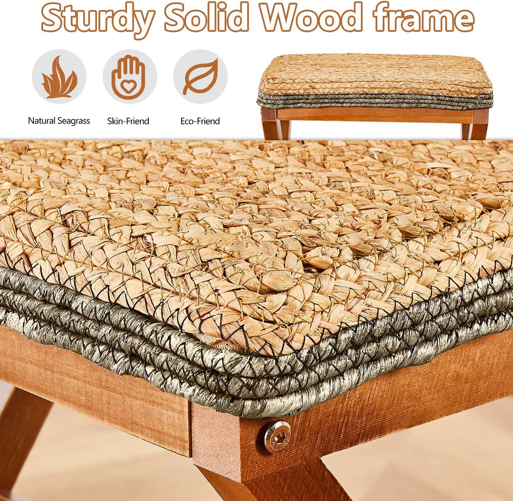 Natural Seagrass Ottoman Footstool with Wooden Legs – Handwoven Rectangular F...