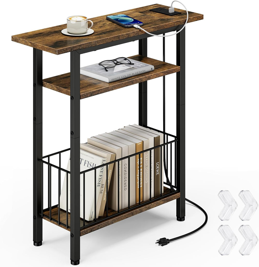 Vagusicc Narrow Side Table with Charging Station, 3-Tier Skinny Side End Tabl...