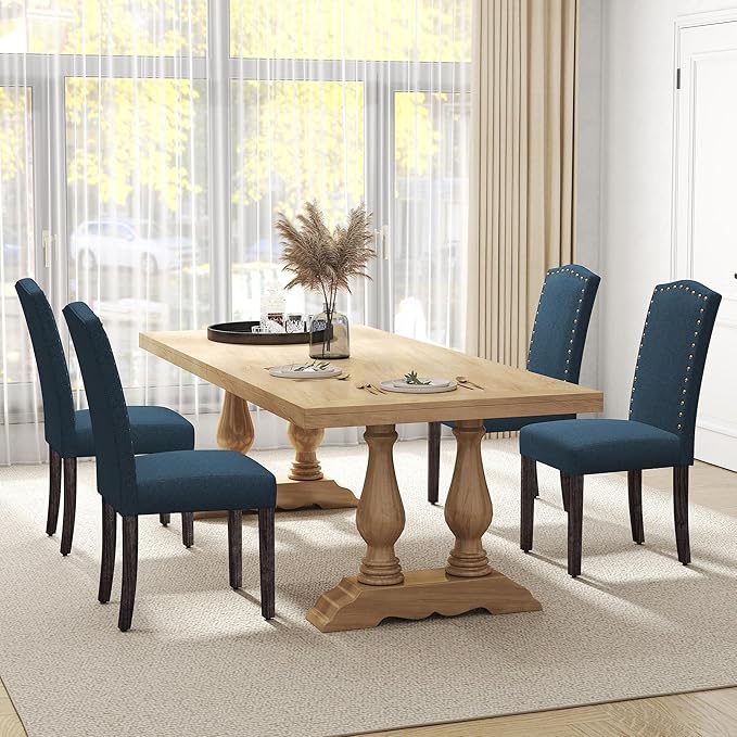 LSSPAID Dining Chairs Set of 4, Modern Comfy Linen Upholstered Parsons Dining Room Chairs with Bronze Nail Head Trim and Brushed Solid Wood Legs, Teal