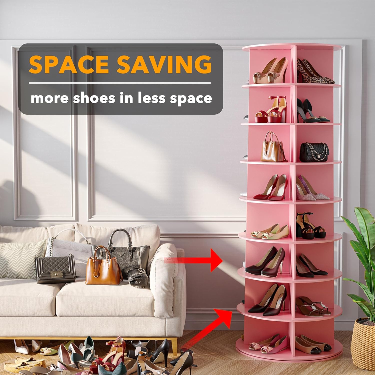 SpaceAid 8 Tier Rotating Shoe Rack Tower, Spinning Shoe Display Lazy Susan, Revolving 360 Shoe Rack Storage Round Carousel, Vertical Handbag Rotate Shoes Closet Organization (8-Tier Pink)