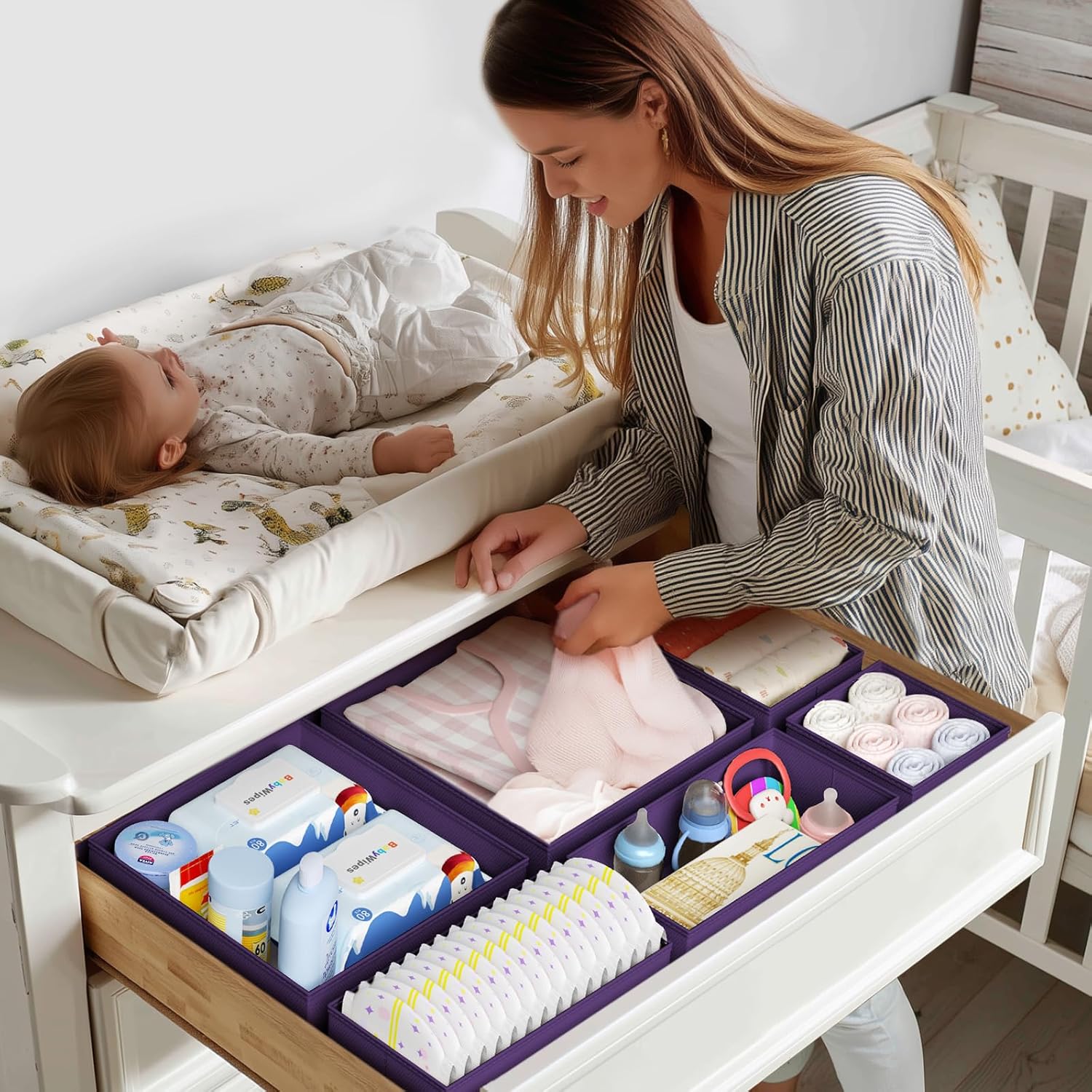 DIMJ Drawer Organizer Clothes - 20 Pack Closet Drawer Organizer Bins for Baby Clothes Storage, Fabric Dresser Organizer for Nursery Bedroom, Foldable Small Drawer Dividers for Underwear Socks