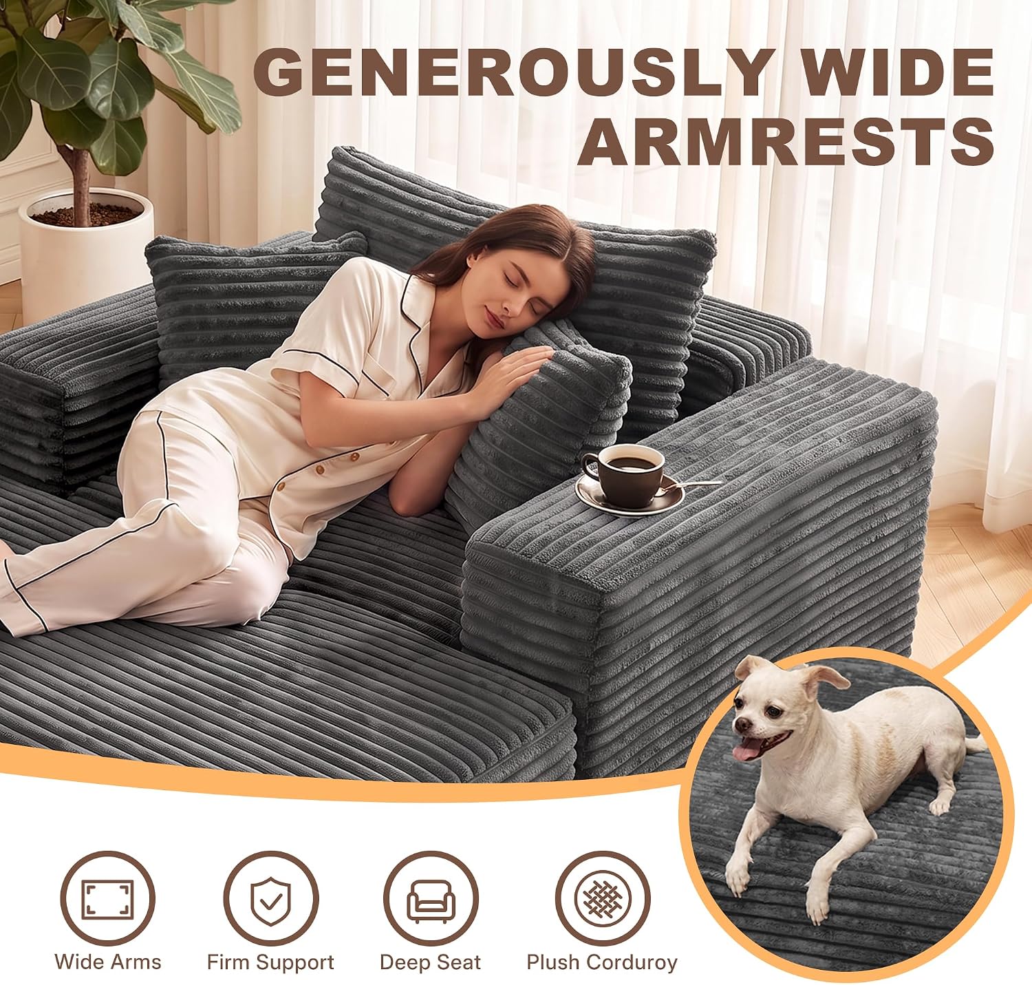 Busaurus 60'' Oversized Chaise Lounge Chair Indoor with Ottoman, Convertible Boneless Sofa Bed & Corduroy Reading Chair for Living Room & Bedroom, No Assembly Required