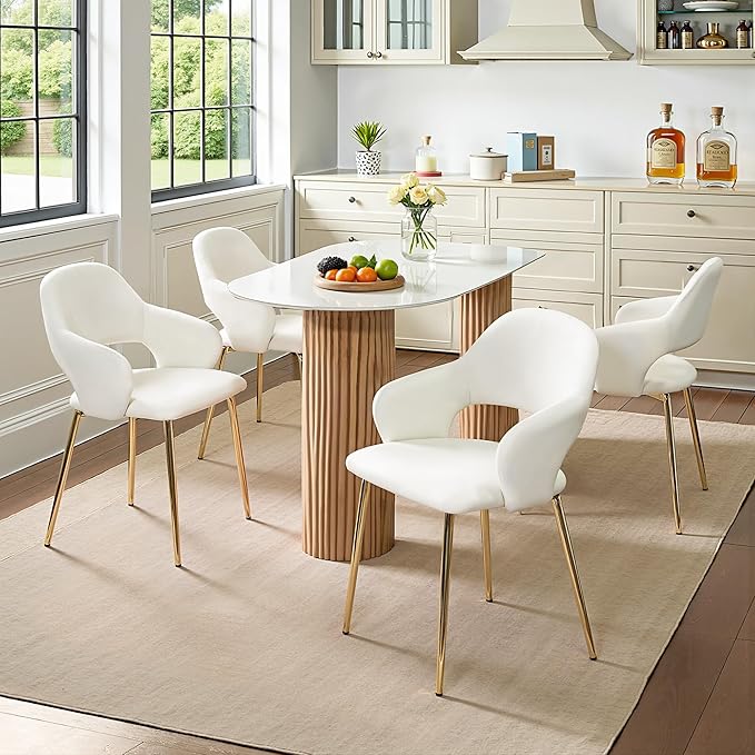 VECELO Velvet Dining Chairs Set of 4, Modern Upholstered Kitchen Chairs with Cushion, Padded Backrest and Metal Legs, White