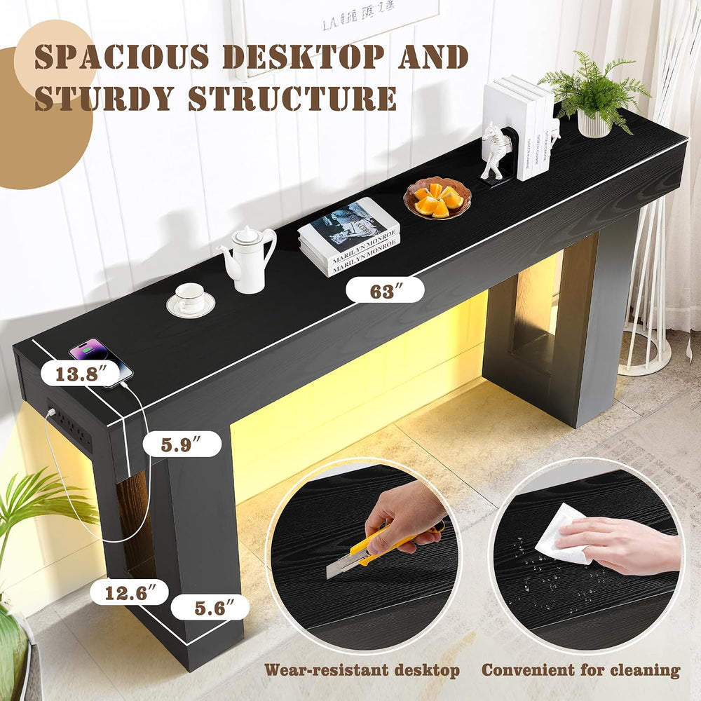 Grepatio Long Console Table with LED Light, 63 Inch Wood Entryway Table with ...