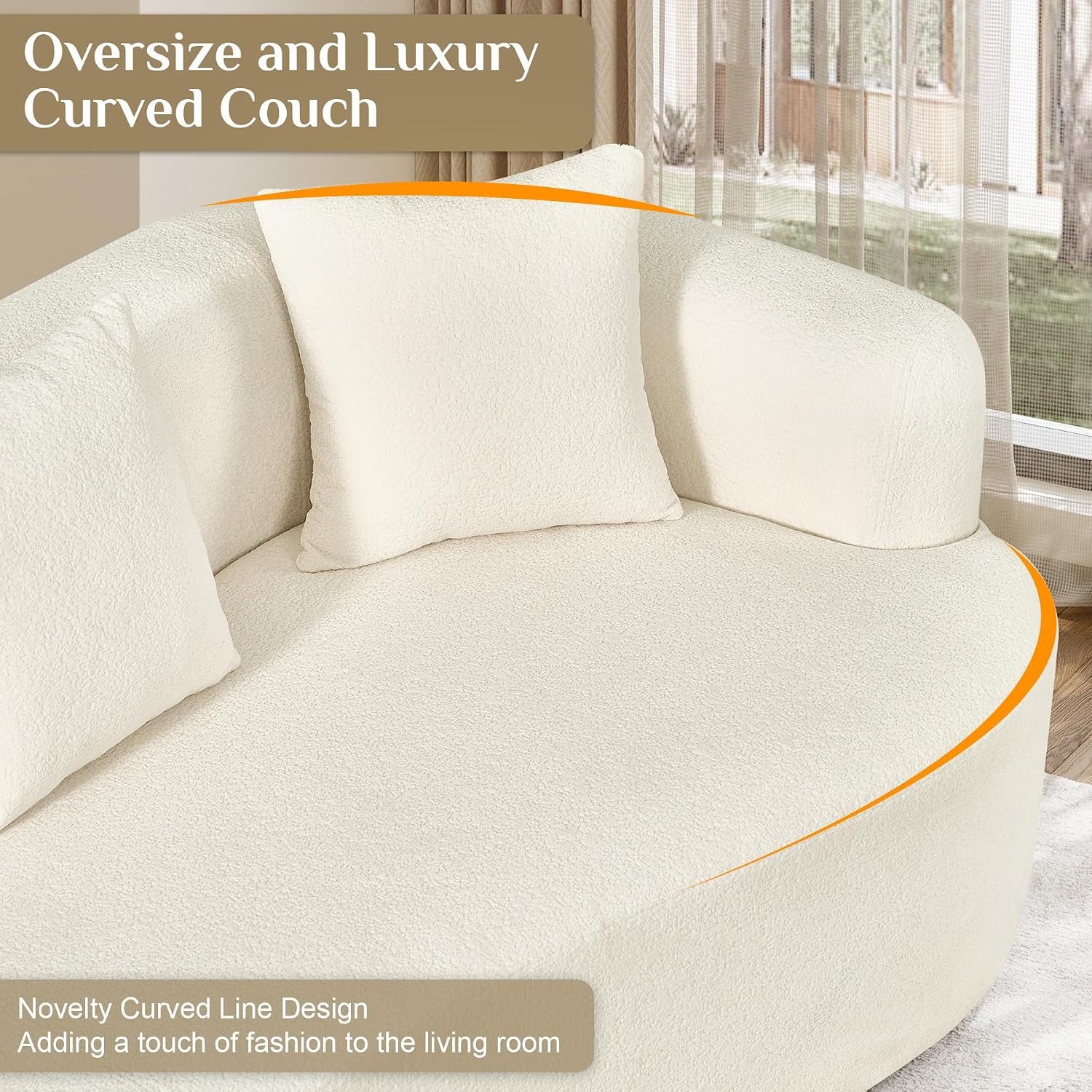 Modern Curved Couch,Oversized 4 Seater Boneless Chenille Sofa,Cream White | Oversized Curved Sofa with Deep Seats,High Foam and 4 Pillows,Cloud Couch for Living Rooms,Bedrooms ,Apartments,No Assembly