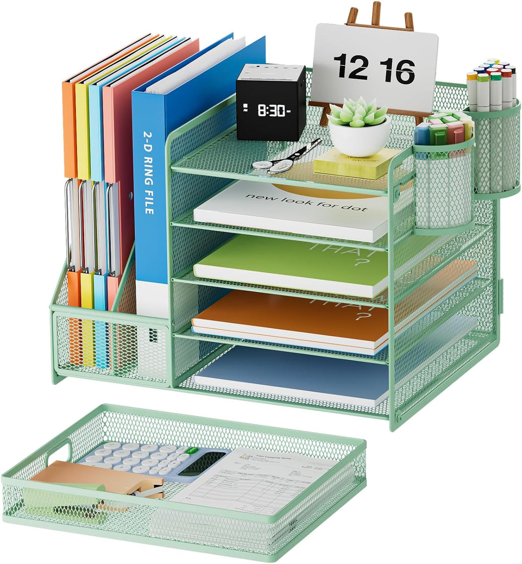 Marbrasse Desk Organizer with File Holder, 5-Tier Paper Letter Tray Organizer with Drawer and 2 Pen Holder, Mesh Desktop Organizer and Storage with Magazine Holder for Office Supplies (Green)