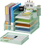 Marbrasse Desk Organizer with File Holder, 5-Tier Paper Letter Tray Organizer with Drawer and 2 Pen Holder, Mesh Desktop Organizer and Storage with Magazine Holder for Office Supplies (Green)