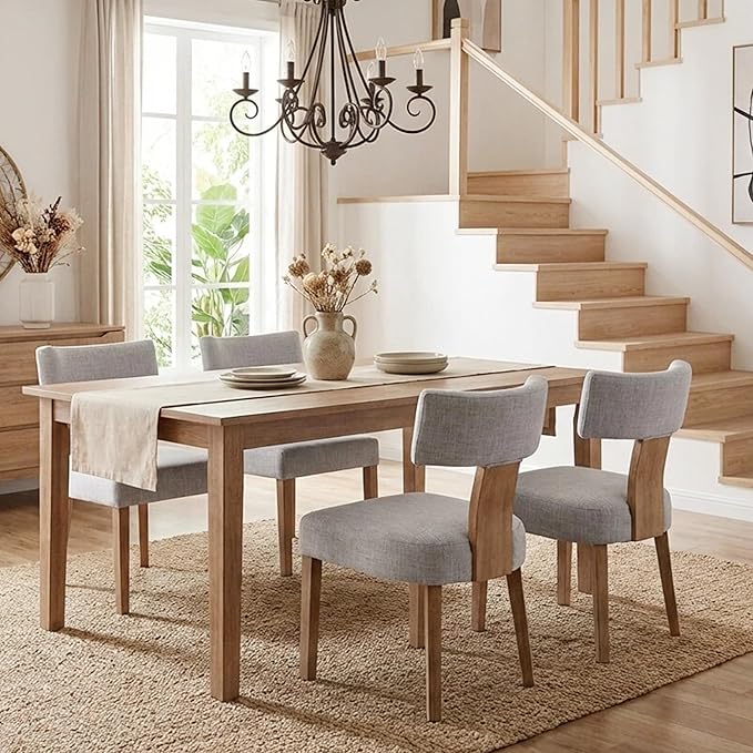 HNY Set of 4 Mid Century Modern Dining Chairs, Farmhouse Linen Fabric Upholst...