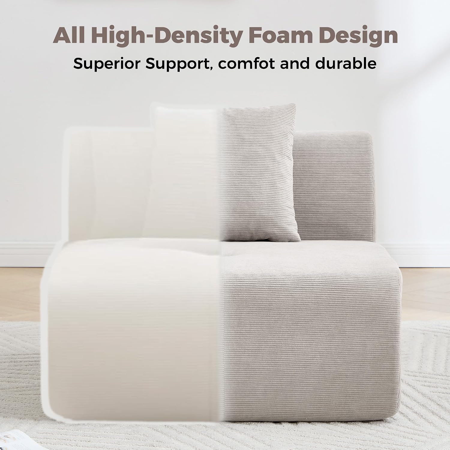 122" Modern L-Shaped Modular Sectional Sofa, Corduroy Upholstery Couches for Living Room, Oversized 3-Seater Boneless Cloud Couch with Deep Seat and Movable Ottoman, No Assembly, Camel/Beige