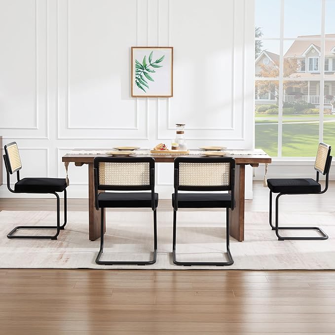 Zesthouse Natural Rattan Dining Chairs Set of 4, Modern Dining Room Chairs with Solid Wood Back for Kitchen Living Room, Mid Century Breuer Design Inspired, Upholstered Velvet Fabric, Black