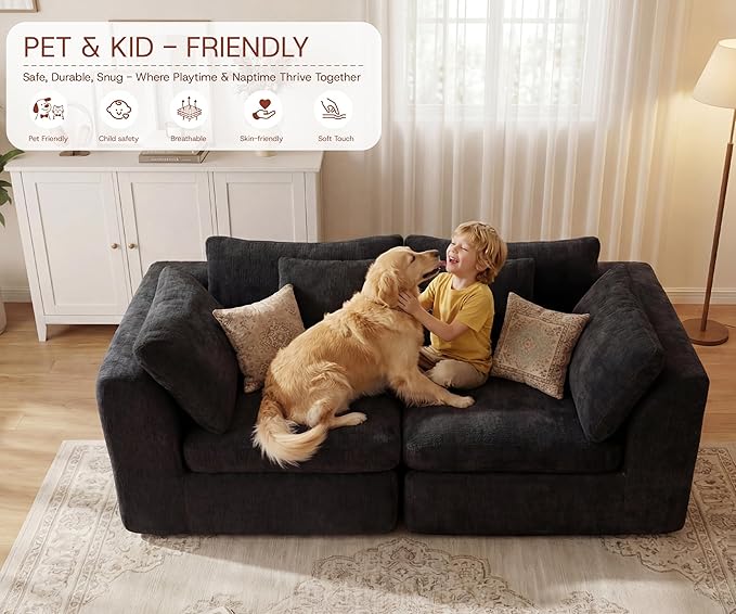 79'' Oversized Cloud Sectional Boneles Loveseat for Living Room, Modern Big Compressed 2 Seater Couch with 2 Throw Pillows, Comfy Chenille Deep Seat Memory Foam Spineless 2 Person Couch, Black | No Assembly Needed, Premium Chenille, Flexible Modular, W...