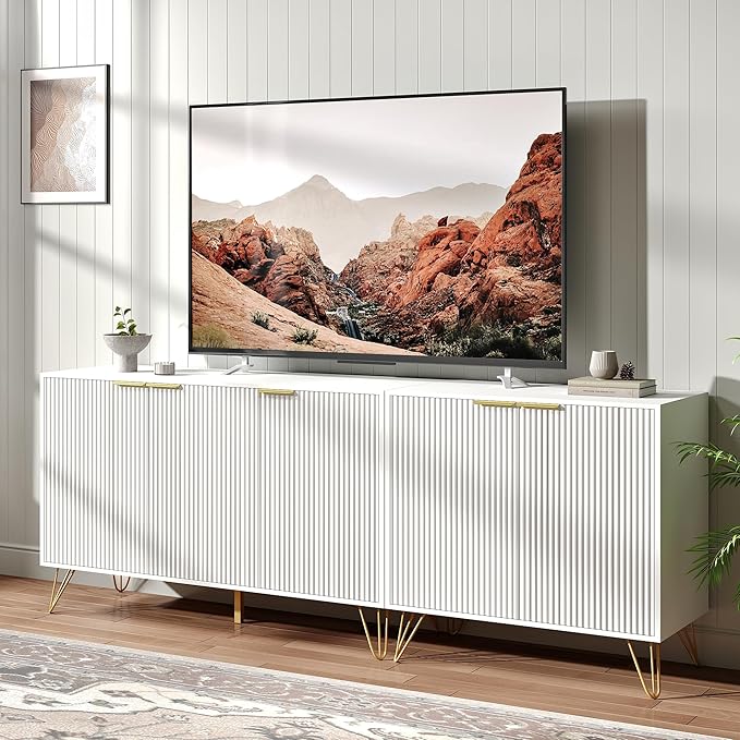 Fluted TV Stand for 80 Inch TV, Modern TV Stand Console, White Entertainment Center with Storage Cabinets, Adjustable Shelves & Gold Handles, Wood Media Cabinet for Living Room