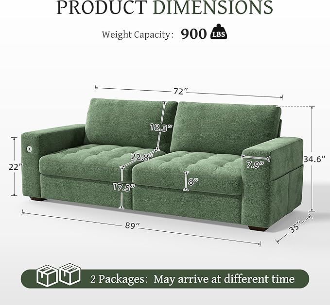 Hanherry 89" Sofa for Living Room, Modern Comfy Couch with Medium Firm Seat Cushion, Removable Cover,Wide Armrest,USB/Type-C Port,Chenille Fabric Couches for Small Space,Apartment