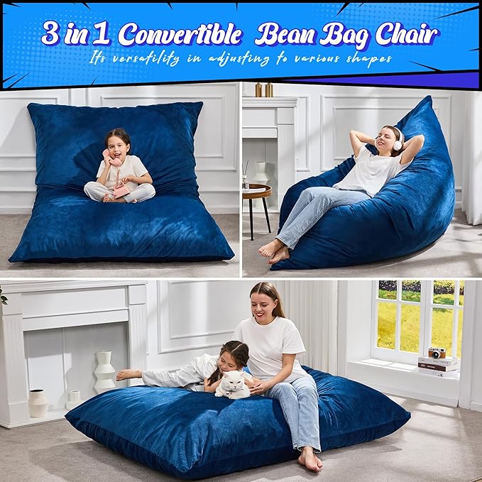 Hobestluk 3 in 1 Bean Bag Chair Giant Bean Bag Chairs for Adults with Velvet Cover Convertible Bean Bag Floor Cushion with Machine Washable Cover for Living Room (Velvet Blue)