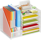 Marbrasse Desk Organizer with File Holder, 5-Tier Paper Letter Tray, Mesh Desk Organizers and Accessories with Magazine Holder, Desktop Organizer and Storage for Office Supplies (White)