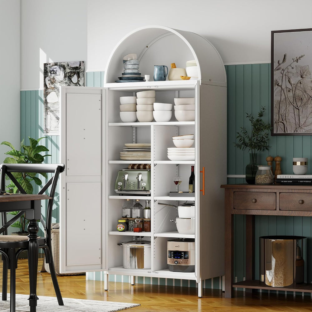 72.8" H White Metal Arched Pantry Cabinet, 30.7" W, 2-Door | Kitche...
