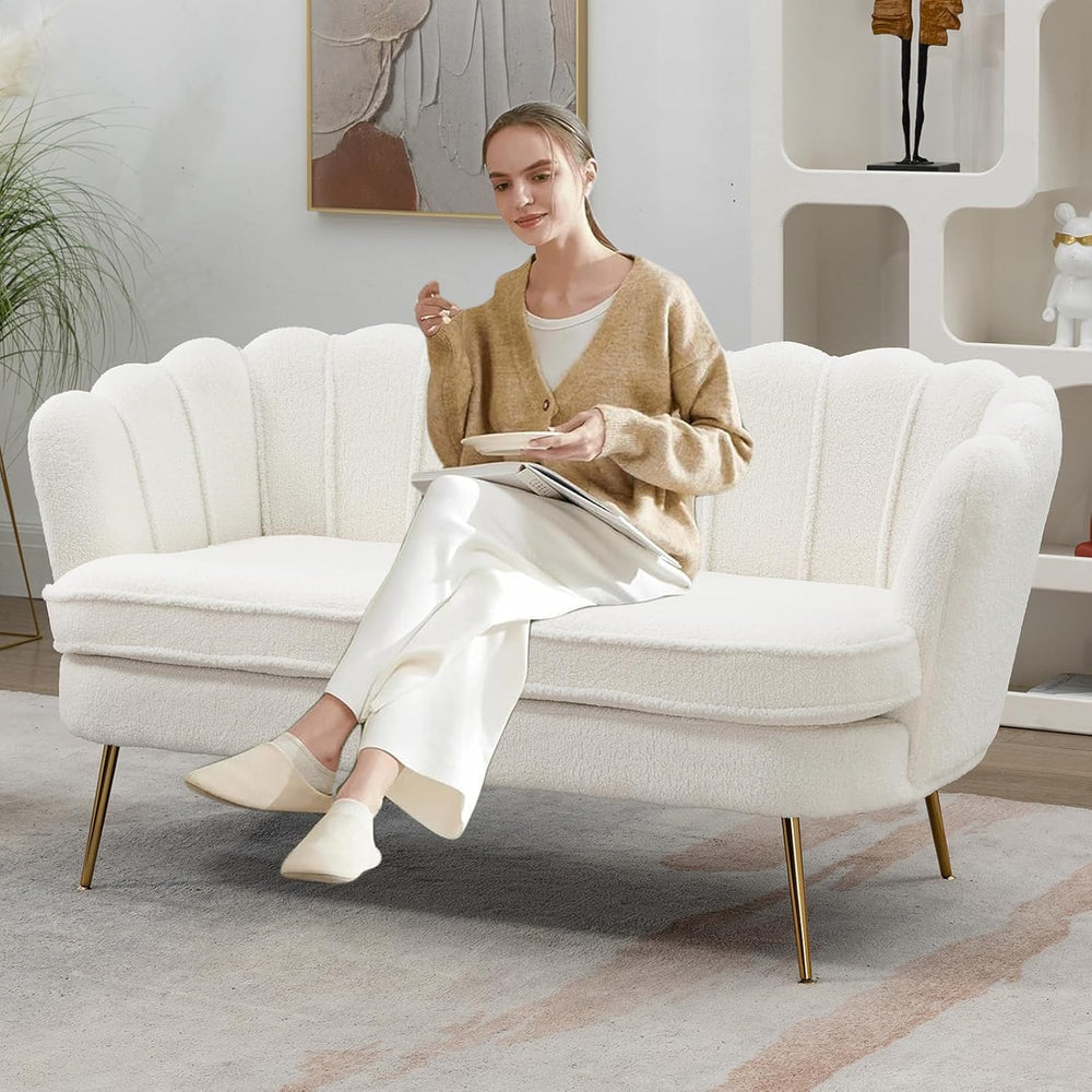 59" Small Loveseat Sofa 2-Seater, Modern Chenille Couch with Gold Metal ...