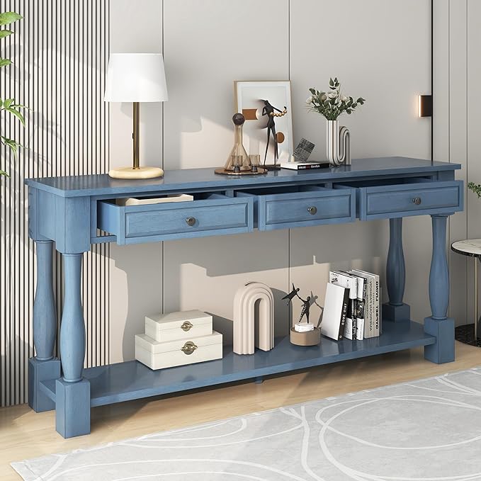 Merax Wood Farmhouse Entry Way Hallway Table with Drawers and Bottom Shelf Narrow Long Sideboard for Living Room (Distressed Black)