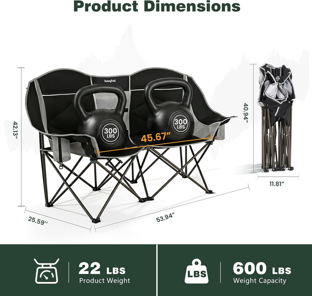 SUNNYFEEL Double Camping Chair Portable Folding Loveseat for 2 Adults Heavy D...
