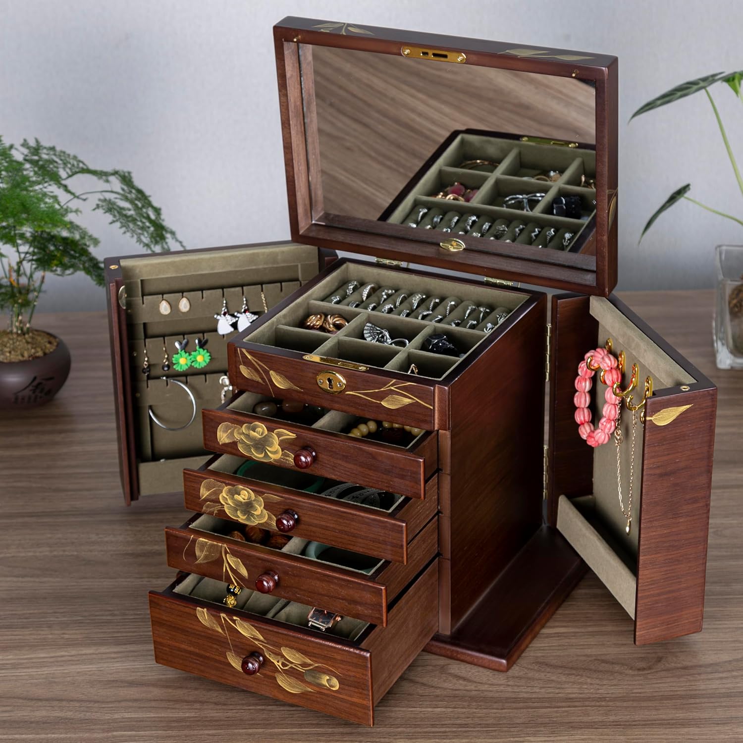 Wooden jewelry case Jewelry Box for Women Large Wood Organizer with Drawers and Mirror for Rings,Earrings, Necklaces,watches,jewelry boxes & organizers, Jewelry Boxes