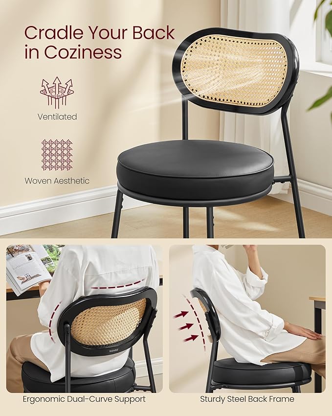 VASAGLE Dining Chairs, Set of 4 Accent Chair for Dining Room Kitchen, with Boho PE Rattan Back, Synthetic Leather Upholstery, Ink Black ULDC160B24
