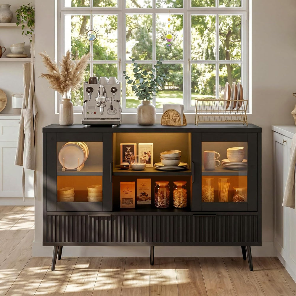 44" Sideboard Buffet Cabinet with Storage, Smart LED Lights Coffee Bar C...