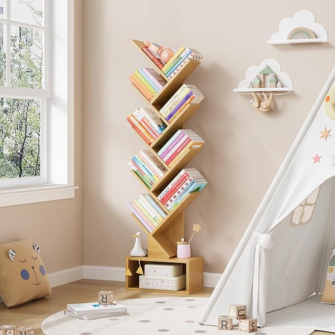 Hoctieon 9 Tier Tree Bookshelf, Tall Bookcase with Drawer, Wood Book Shelf, Modern Floor Standing Bookshelves, Book Organizer Shelves for Bedroom, Living Room, Home Office, Yellow