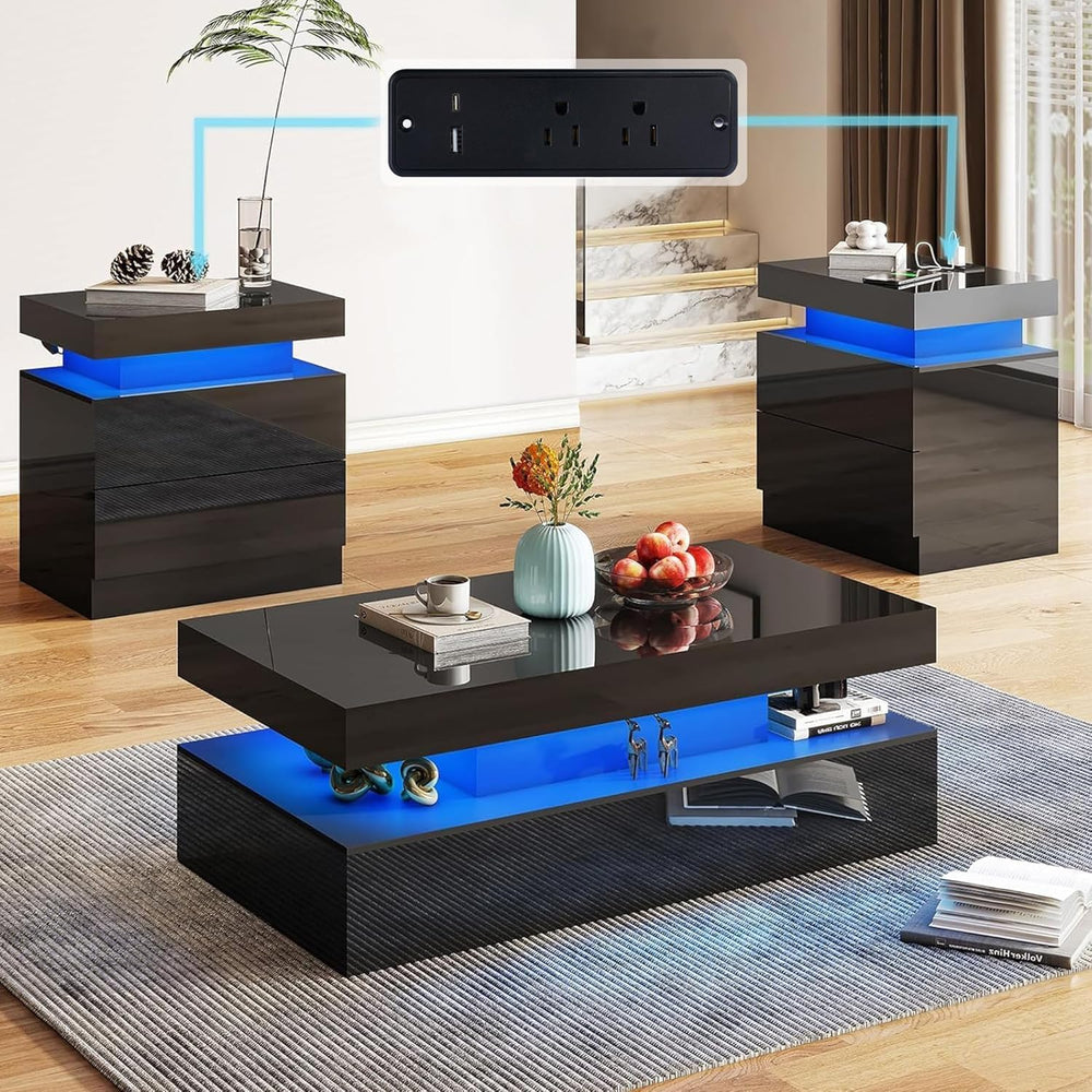 AMERLIFE High Gloss 3 Pieces Living Room Table Set, Modern LED Coffee Table S...