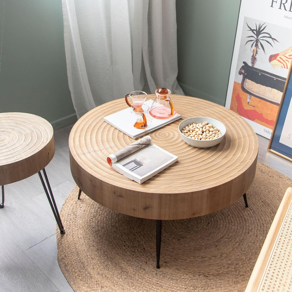 COZAYH 2-Piece Round Nesting Coffee Table Set, Natural Wood Top with Black Me...