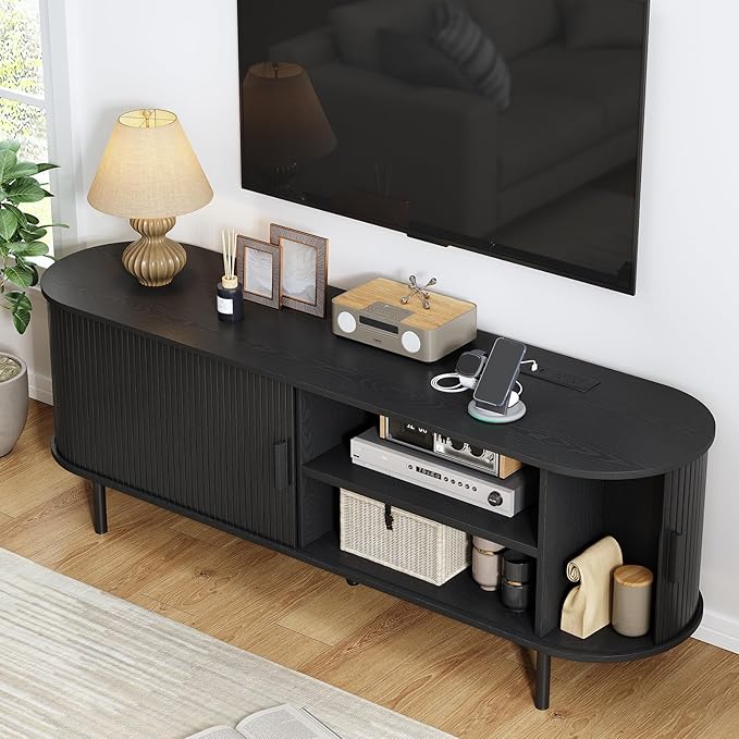 63" TV Stand with Power Outlet, Modern Media Console with Sliding Doors, Entertainment Center for TVs up to 60 Inch, Adjustable Shelves, Black
