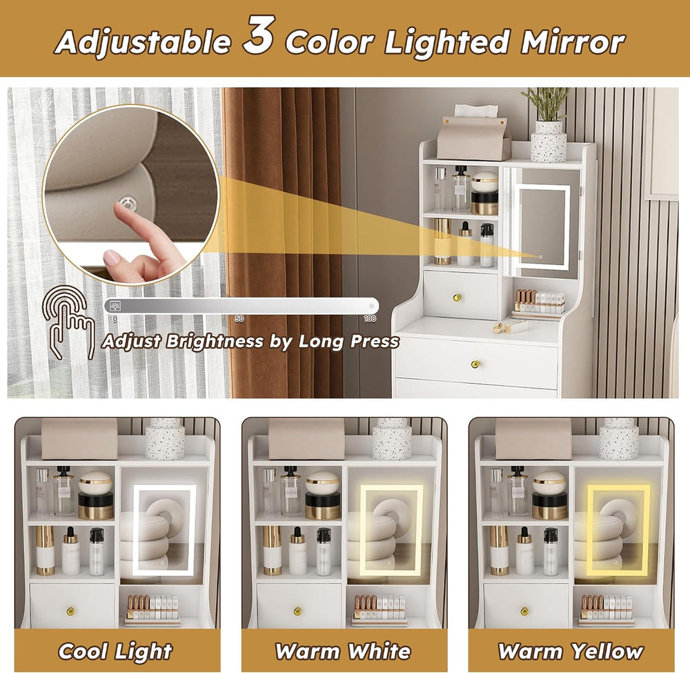 Runboll Compact Dressing Table with Storage Stool & Adjustable Lighted Mi...