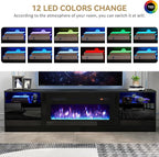 oneinmil 90” TV Stand with 50” Electric Fireplace, Large Modern Media Entertainment Center with Storage Cabinet and 12 Colors LED Lights for TVs Up to 100", Black+Black