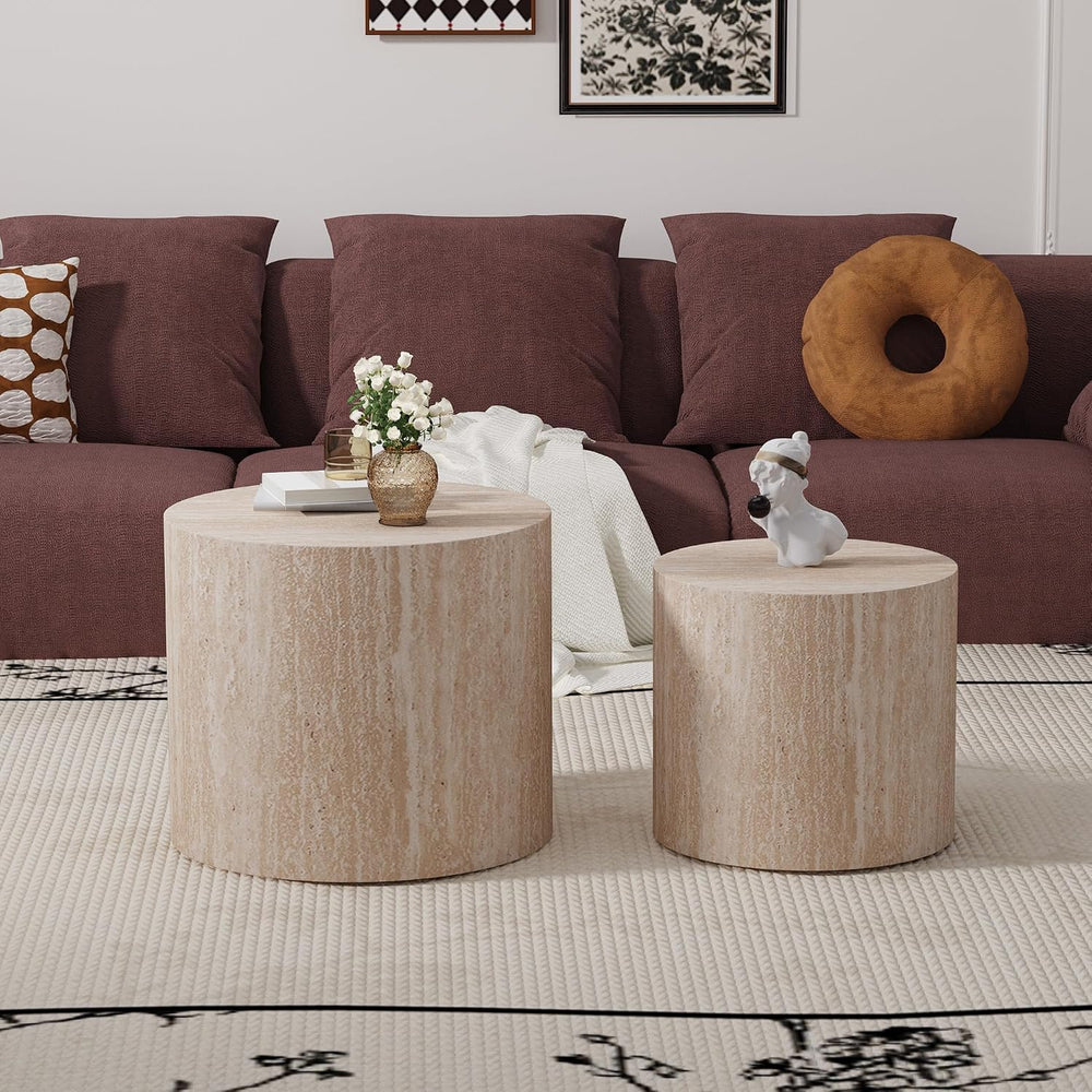 WXFKLDJ Round Nesting Coffee Table Set of 2, Wood Side Table, Travertine | Mo...