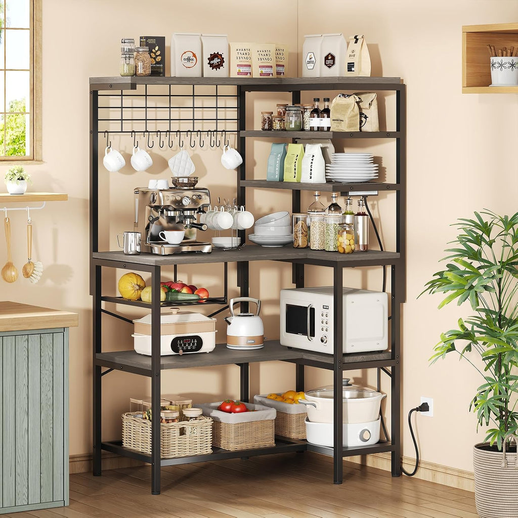 L-Shaped Bakers Rack with Power Outlets, 6-Tier Microwave Stand with Hooks, Coffee Bar with Open Storage, Mesh Grid, Kitchen Shelf with Wire Basket, Grey