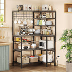 L-Shaped Bakers Rack with Power Outlets, 6-Tier Microwave Stand with Hooks, Coffee Bar with Open Storage, Mesh Grid, Kitchen Shelf with Wire Basket, Grey