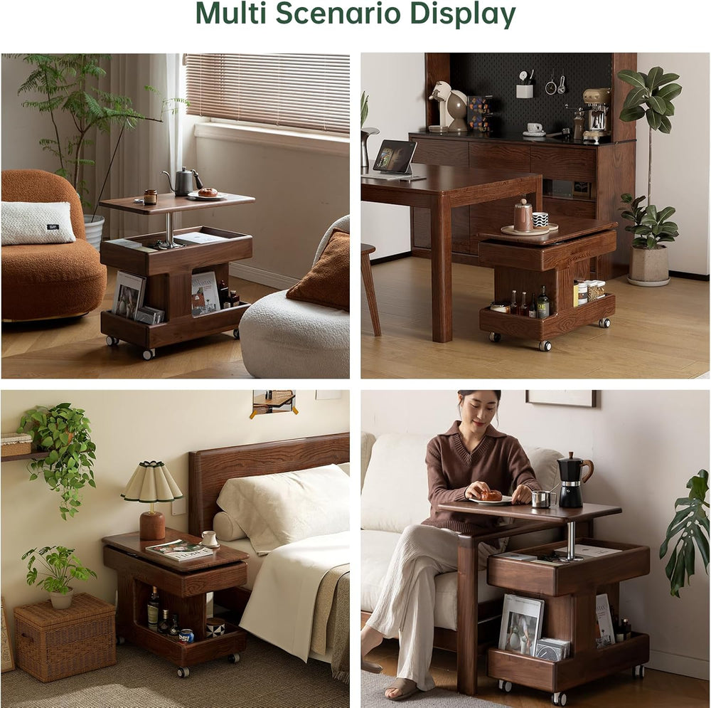 100% Solid Wood Lift Top End Table with Swivel Top, Sofa Couch Table with Whe...
