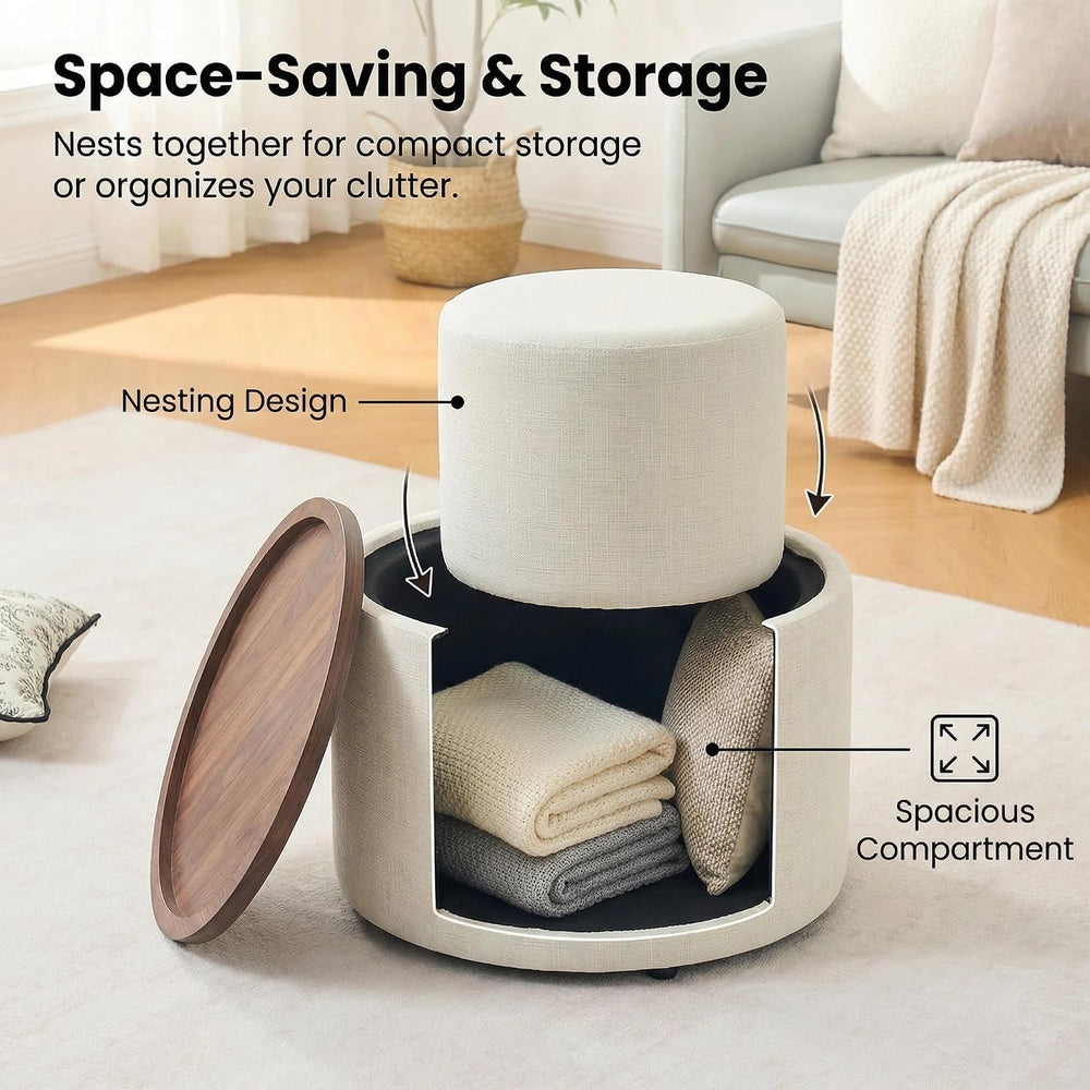 Nesting Storage Ottomans Set of 2, Round Coffee Table with Linen Upholstered ...