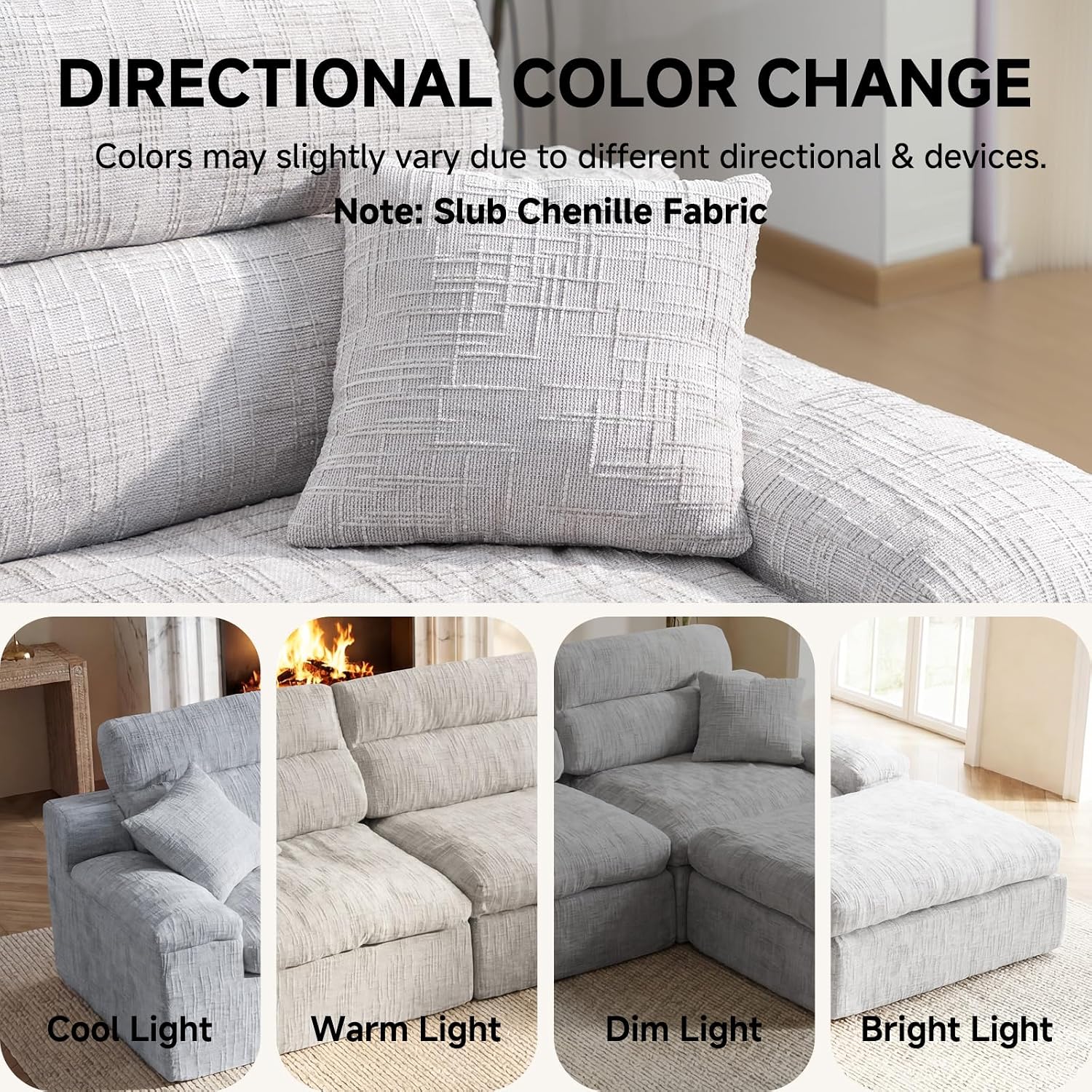 110" High Back Boneless Couch, L-Shaped Modular Sectional Sofa Bed | Sectional Couches for Living Room, Slub Chenille Fabric, No-Assembly, Light Gray