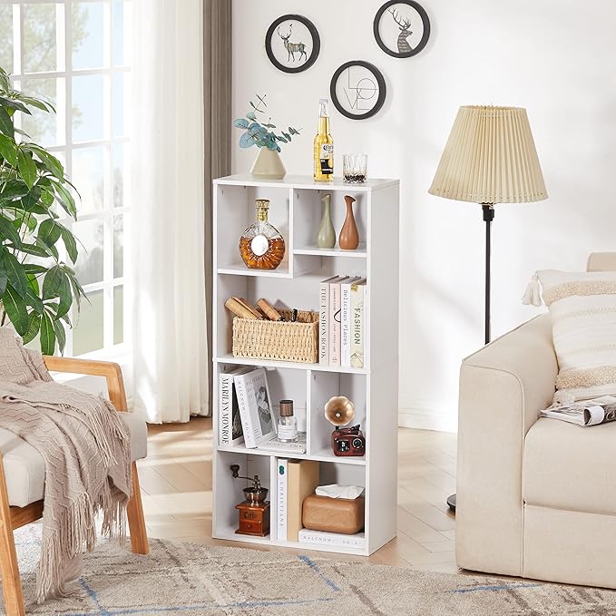 VECELO 42 Inch High Bookcase, 4-Tier Modern Storage Cabinet with Height Difference Shelves for Standard Textbooks, Floor Standing Display, 7 Cubes, Horizontal Avaiable, Easy Assembly, Pearl White